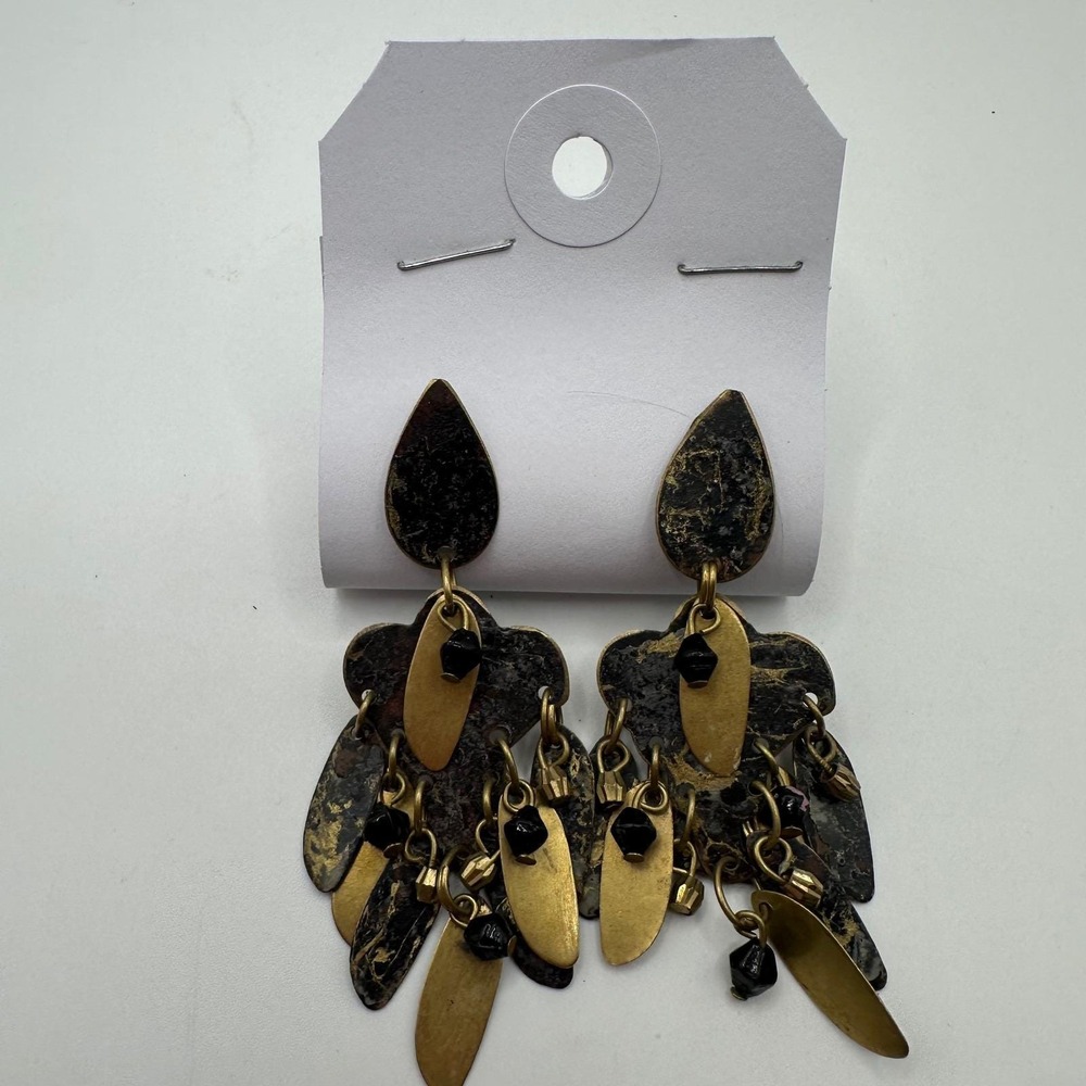 Vtg‎ Brass Marbled Black Gold Statement Chandelier Dangle Drop Earrings Boho